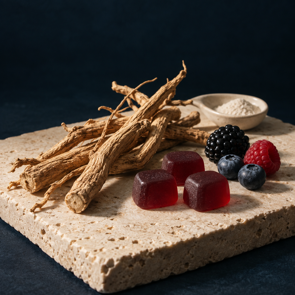 Editorial illustration of ashwagandha roots, berry gummies, mixed berries and a spoon of white powder