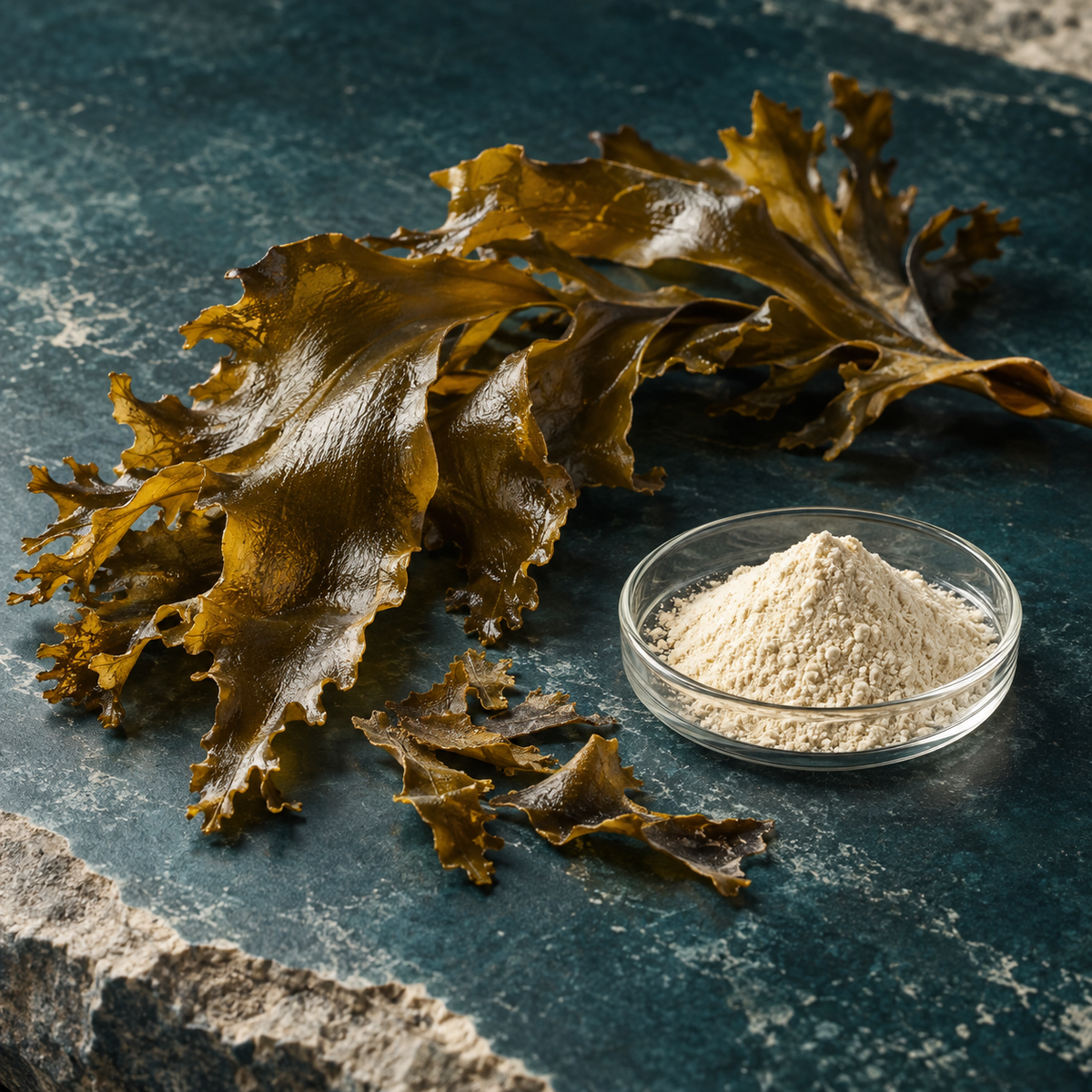 Original editorial illustration comparing a brown seaweed frond with a dish of extract powder