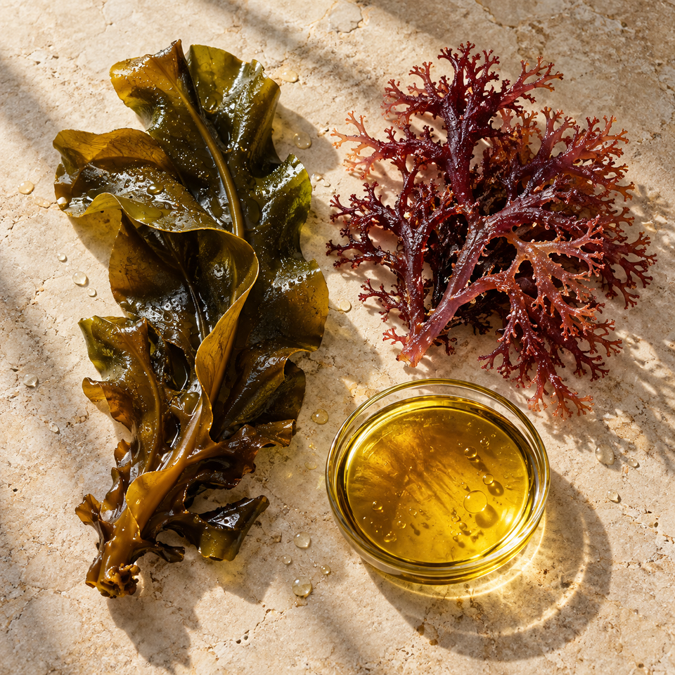 Original editorial illustration of brown seaweed, red sea moss and golden algal oil as distinct marine ingredient categories