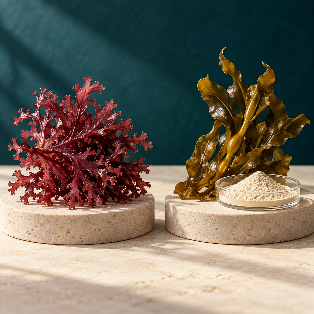 Original editorial comparison of red sea moss and brown seaweed with an extract-powder representation