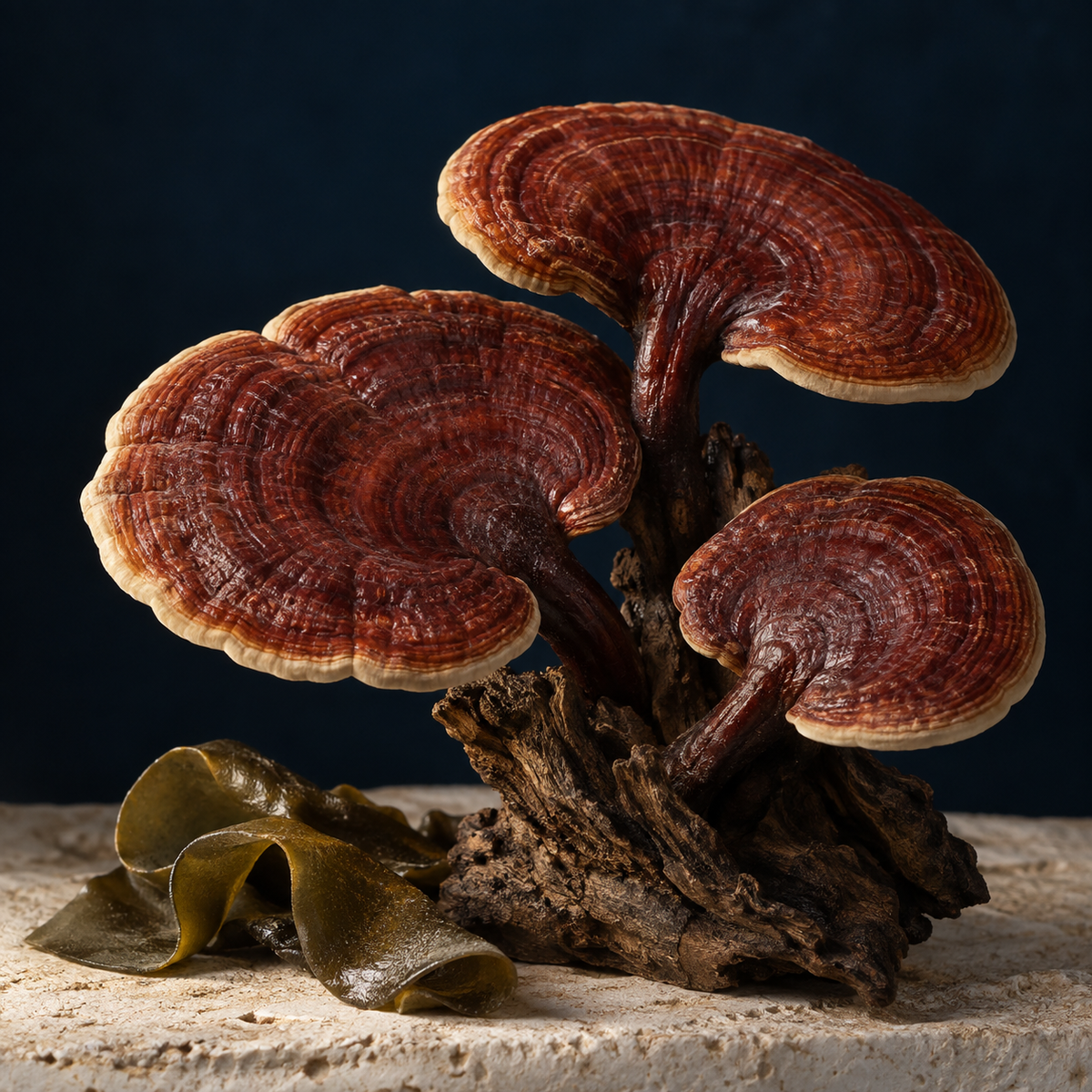 Editorial illustration of red reishi mushrooms beside brown seaweed on pale stone