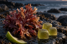 Editorial illustration of red sea moss and green gummies on coastal stone