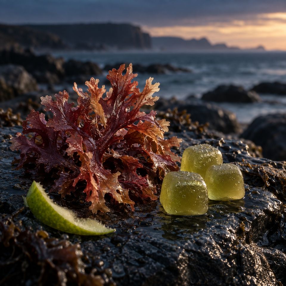 Editorial illustration of red sea moss and green gummies on coastal stone