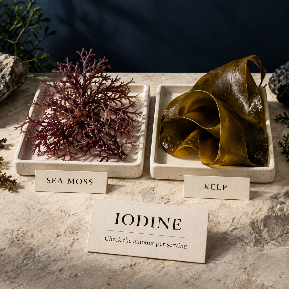 Editorial illustration comparing sea moss and kelp with a reminder to check iodine per serving