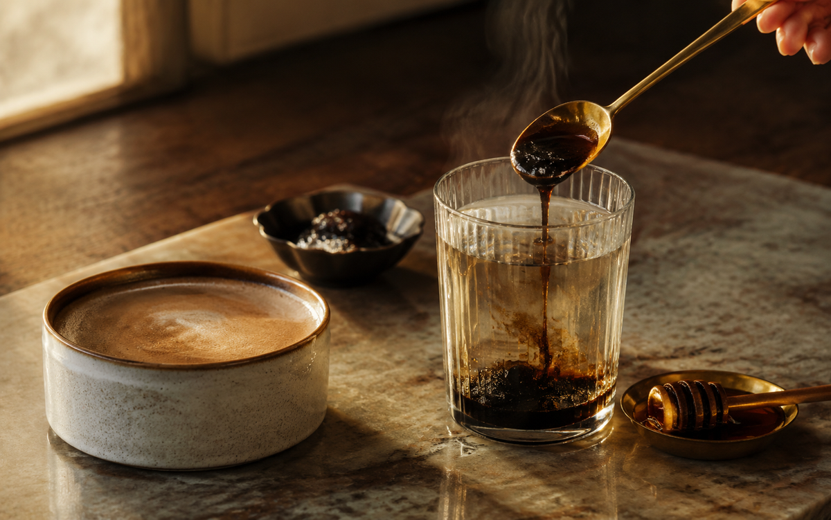 Editorial morning ritual of shilajit resin dissolving into warm water beside coffee and honey