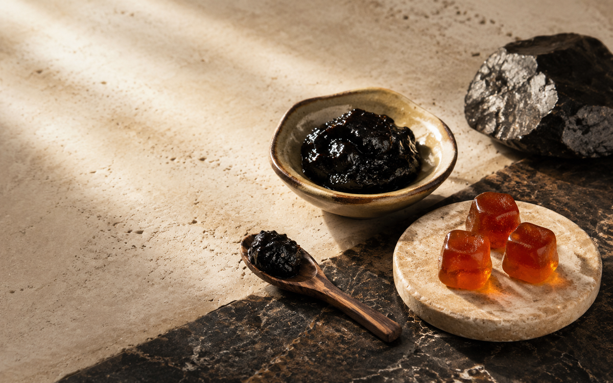 Editorial comparison of glossy shilajit resin and amber gummies