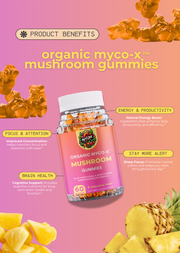 Organic MYCO-X 10-in-1 mushroom gummy formula overview