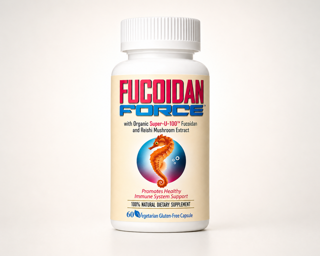 Fucoidan Force bottle on a warm ivory studio background