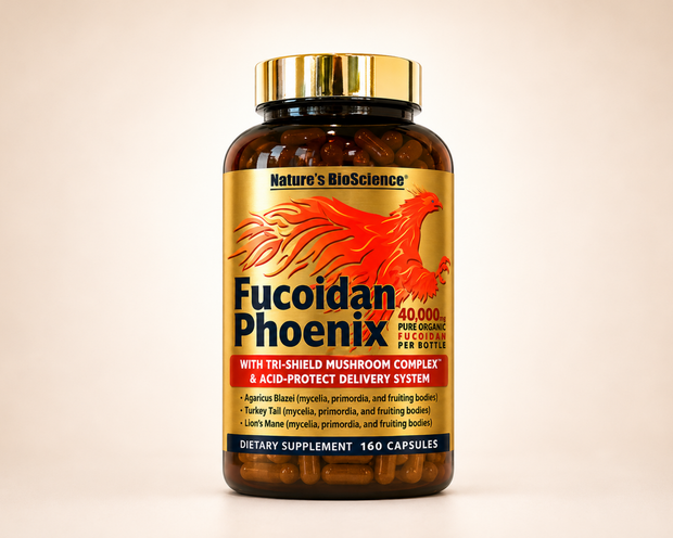 Fucoidan Phoenix bottle on a warm ivory studio background