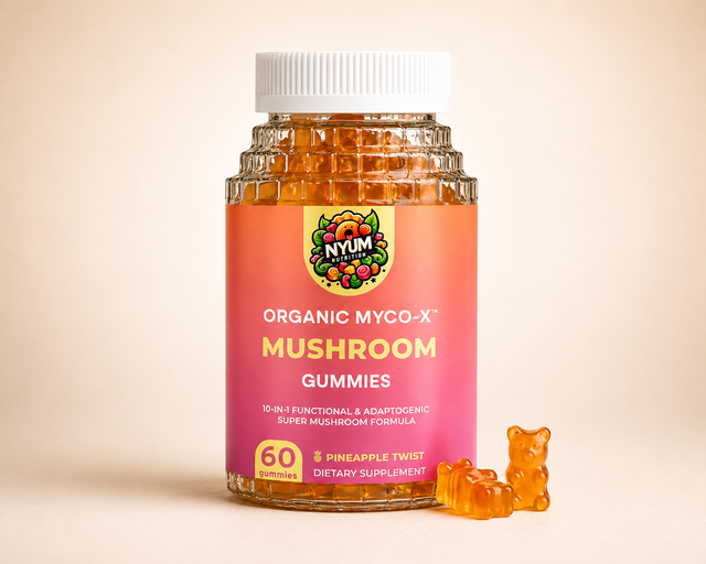 Organic MYCO-X Mushroom Gummies bottle on a warm ivory studio background