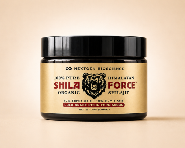 SHILAFORCE shilajit resin jar on a warm ivory studio background