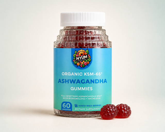 Organic KSM-66 Ashwagandha Gummies bottle on a clean editorial studio background