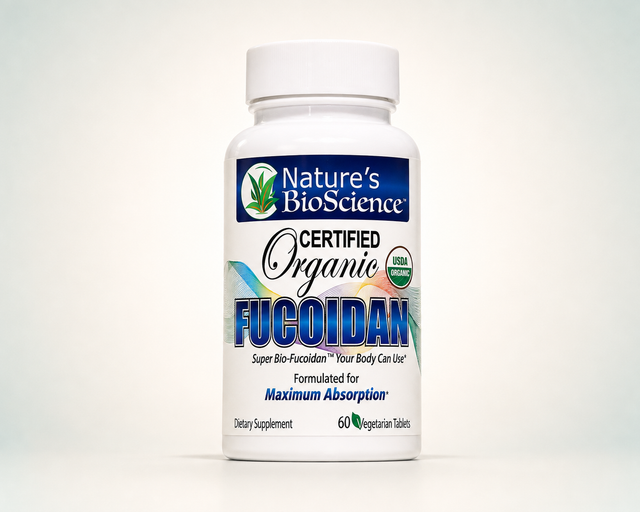 Organic Fucoidan bottle on a clean editorial studio background